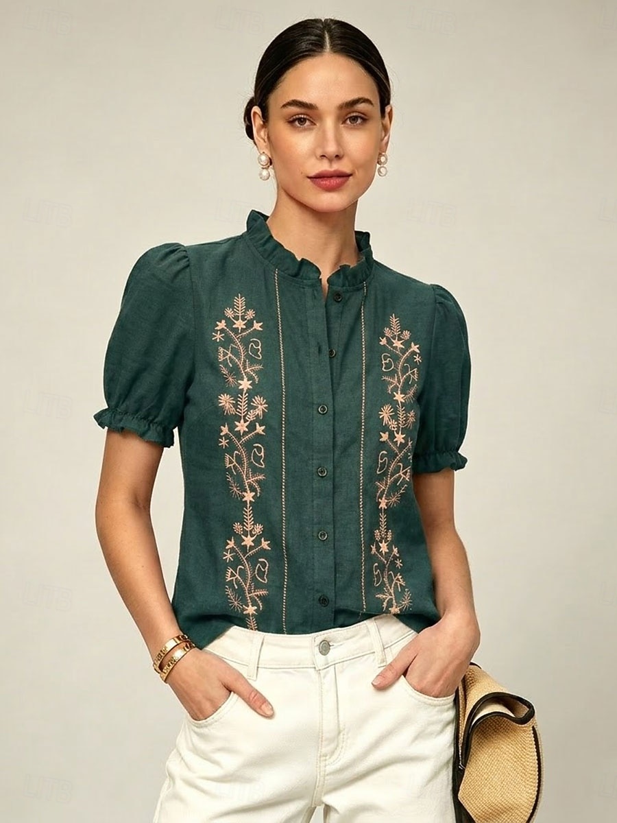 Per donna Camicia Blusa Arricciato Ricamato Stampato Floreale Vintage Elegante Manica Corta Manica a Balze Collo alla coreana Top Regolari Casuale Spiaggia Verde militare Rosso Blu marino Estate del 2026 a $32.99 –P1