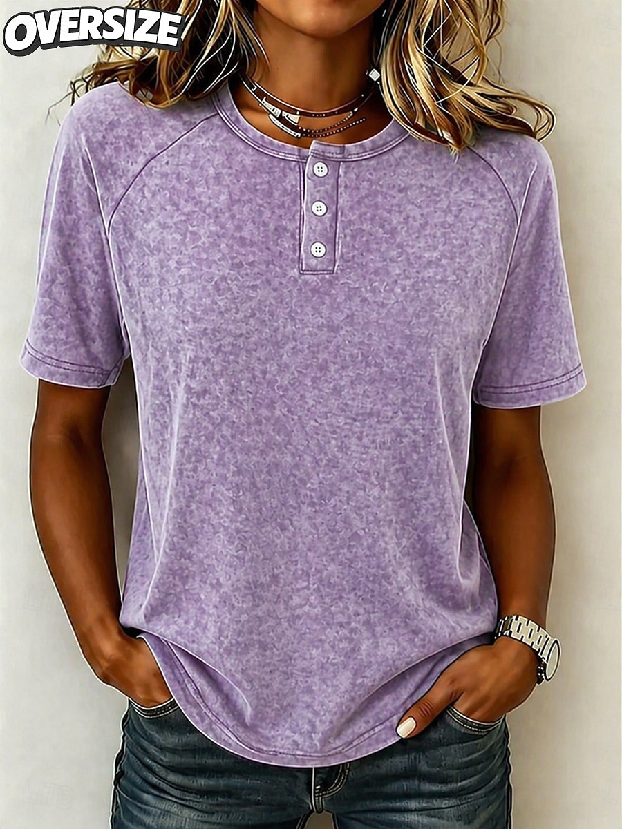 Camiseta feminina Softfade™ estilo Henley, raglan, com botões, cor sólida, estampa, lisa, vintage, moderna, elegante, manga curta, manga longa, casual, para uso diário, nas cores azul, roxo e cinza escuro, ideal para verão e primavera. de 2026 por $31.99 –P5