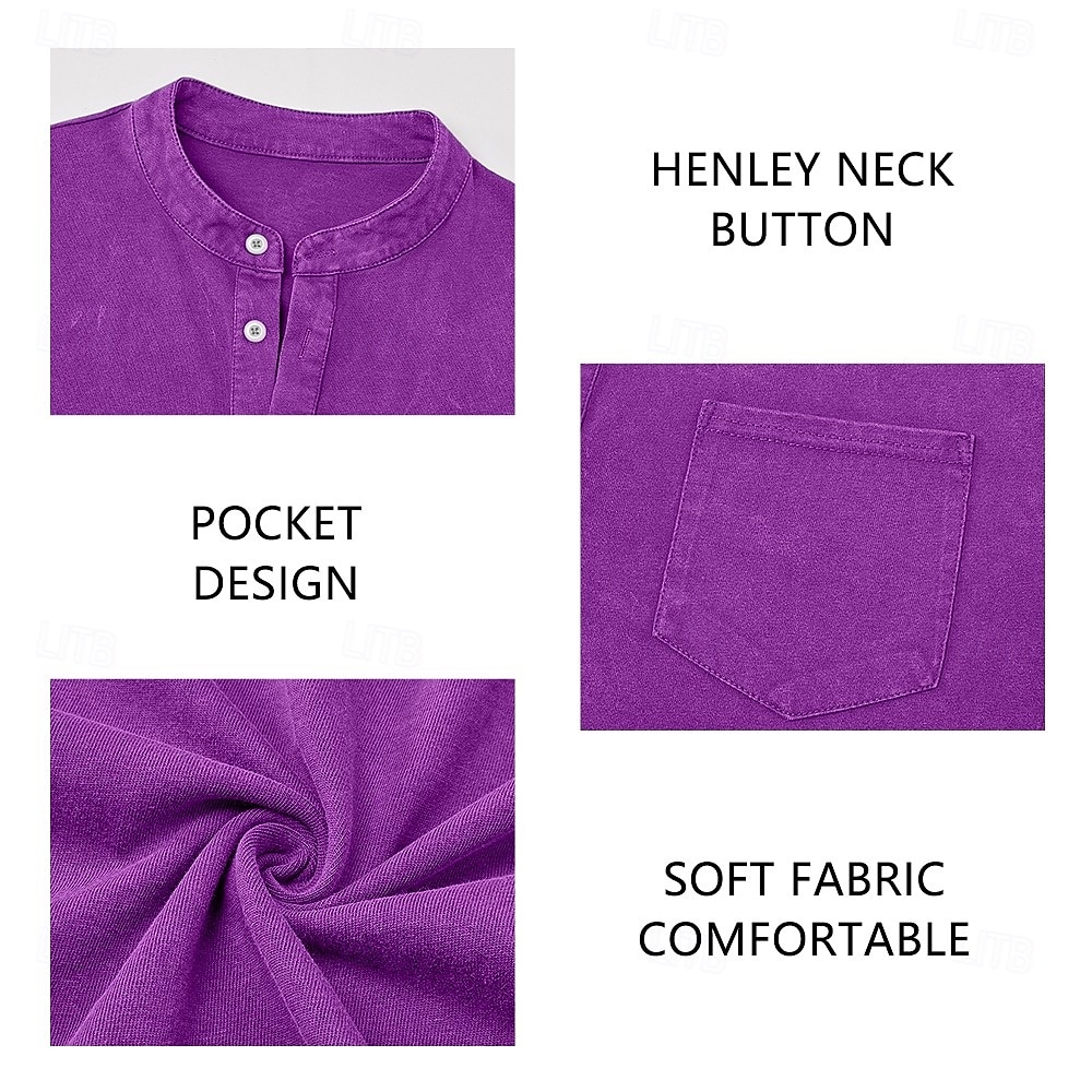 Men's Henley Shirt 100% Cotton Acid Wash Shirt T shirt Tee Short Sleeve Plain Retro Vintage Casual Distressed Vintage Style Washed Henley Casual Spring & Summer Summer Spring Black Light Green Pink 2026 - $31.99 –P11