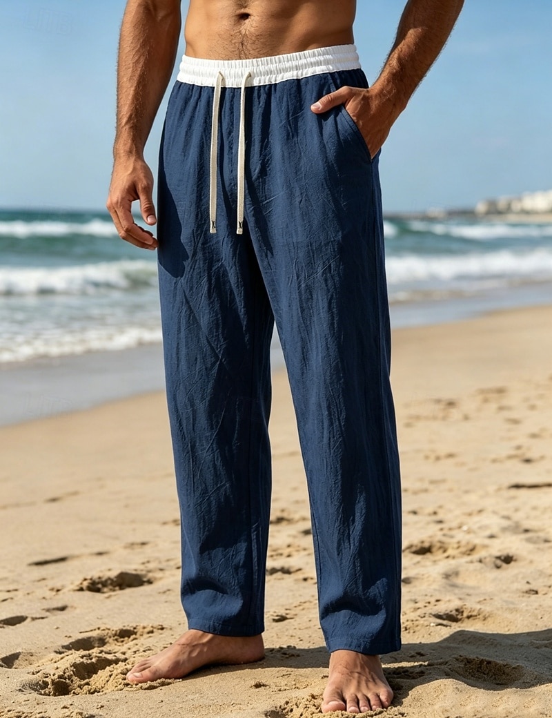 Men's Linen Pants Trousers Summer Pants Beach Pants Drawstring Pocket Elastic Waist Color Block Comfort Breathable Knee Length Daily Outdoor Beach Vacation Fashion Black White Inelastic 2026 - $26.99 –P12