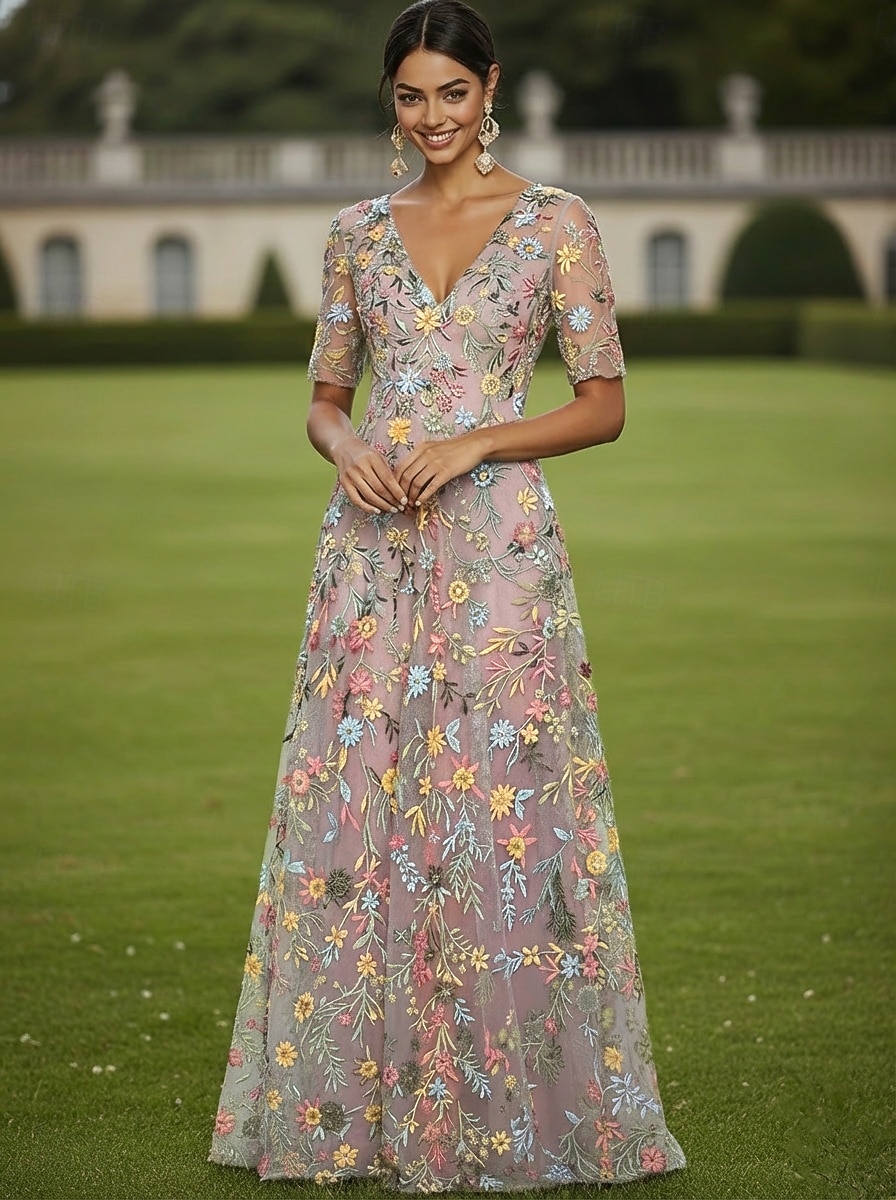 Corte A Vestidos Hasta el Suelo Vestido de Fiesta Vestido Cóctel Vestido de Madrina Media Manga Escote en Pico Elegante Vintage Lujoso Formal Invitado a la boda El derby de Kentucky Tul con Estampado 2026 - $182.99 –P5