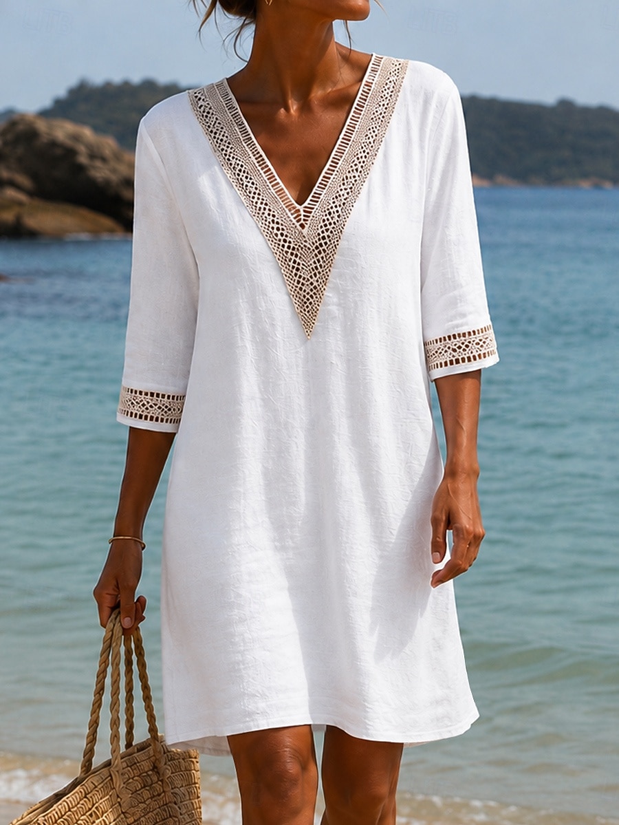 Women's Knee Length Dress Lace Dress White Dress Summer Dress Elegant Fashion Daily Beach Vacation Regular Fit Plain Half Sleeve V Neck Blue Khaki White Orange Summer Spring 2026 - $22.99 –P2
