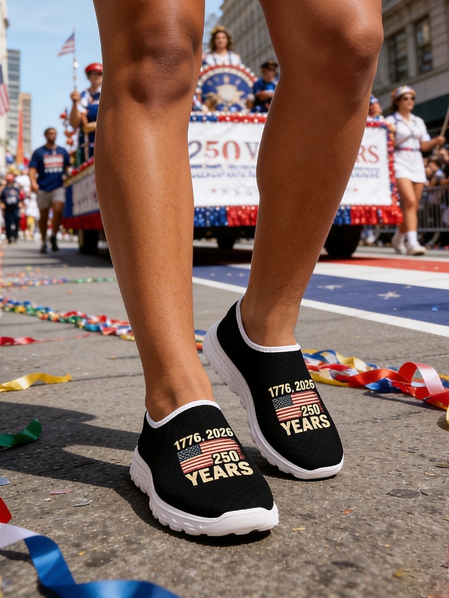 Dames instapschoenen ter ere van het Amerikaanse jubileum - ademend &Lichtgewicht casual sneakers van mesh met "1776-2026" &Print met de Amerikaanse vlag, ideaal voor Onafhankelijkheidsdagparades en 2026 - $32.99 –P5