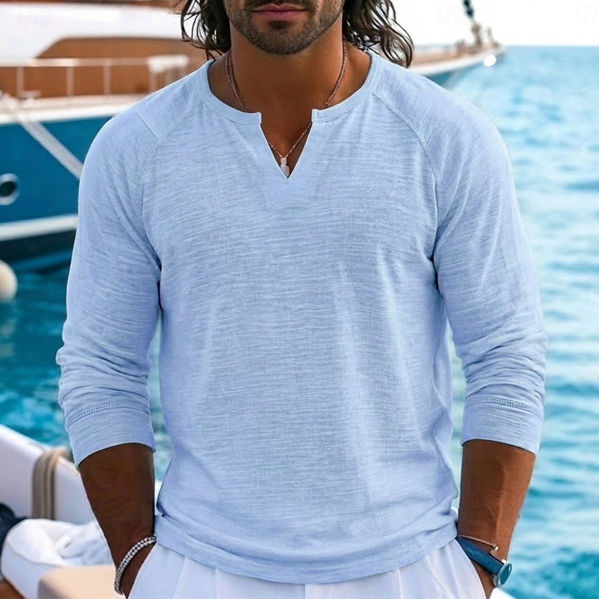 Men's Linen T-Shirt Long Sleeve V Neck Notched Spring & Summer Summer Spring Solid Color Plain Vintage Bohemian Casual See Through Raglan Sleeves Casual Vacation Street Black White Light Green Top 2026 - $20.99 –P4