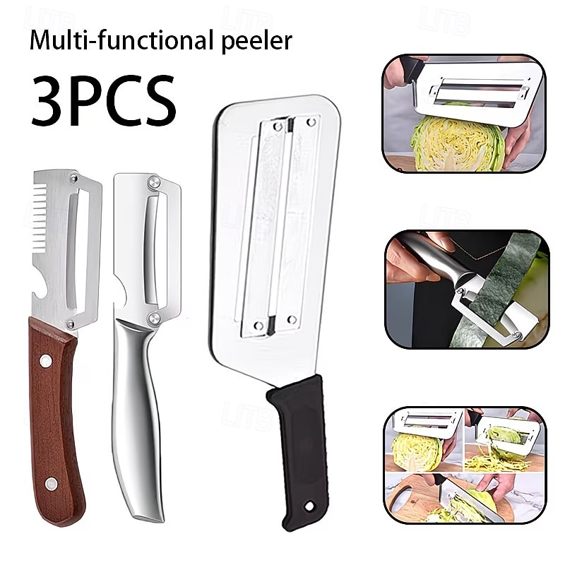 Juego de 3/4 cuchillos peladores de acero inoxidable con mango de madera, cuchillo multifuncional para pelar frutas y verduras, ideal para caña de azúcar, patatas, manzanas y para cortar en la cocina. 2026 - $23.99 –P2