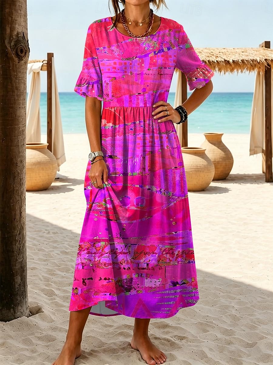 Per donna Abito Midi Vestito Casual Abito a trapezio Elegante Vacanza Spiaggia Ferie Vestibilità regolare Grafico Geometrico Mezza Manica Girocollo Blu Viola Arancione Verde Estate Primavera del 2026 a $43.99 –P4