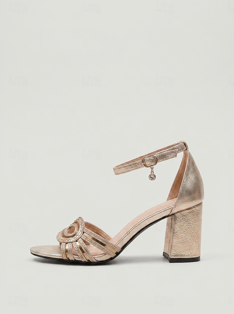 Women's Metallic Champagne Gold Braided Block Heel Sandals with Rhinestone Charm - Shimmering Footwear for Cocktail Parties 2026 - $46.99 –P5