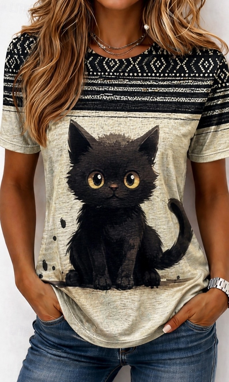 Damen T Shirt Druck Grafik Tiermotiv Vintage Stilvoll Klassisch Kurzarm Rundhalsausschnitt Rundhals Normale Oberteile Lässig Täglich Wochenende Weiß Hellgrau Grau Sommer Frühling Herbst 2026 - $21.99 –P2