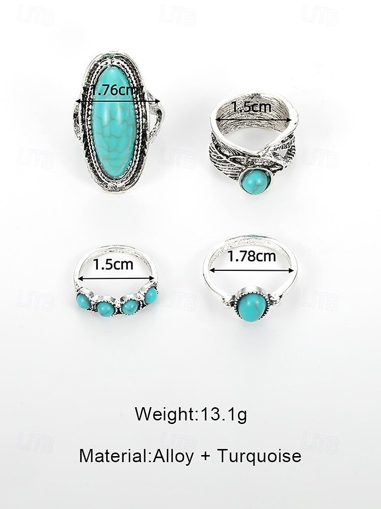4-teiliges Set aus eleganten, ausdrucksstarken Türkisringen aus einer böhmischen Legierung für Damen – perfekt zum Stapeln und für den Strandurlaub oder den Alltag. 2026 - $9.99 –P6