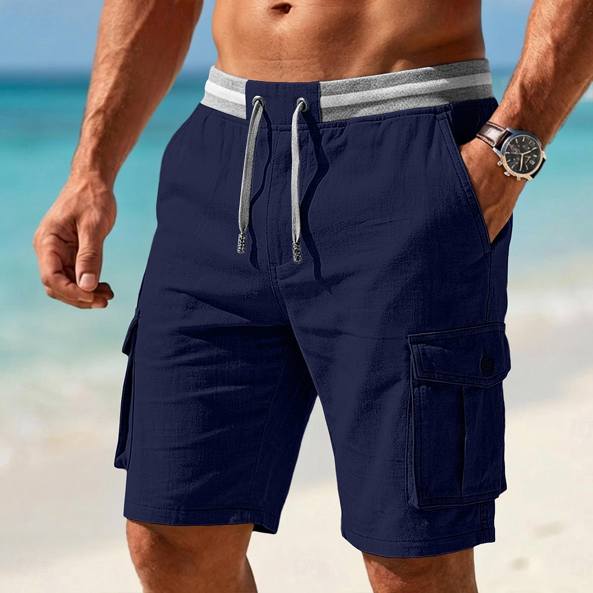 Homme Shorts cargo Shorts en Lin Shorts d'été Shorts de plage Cordon de serrage Taille Élastique Poche cargo Bloc de Couleur Couleur Pleine Confort Respirant Longueur Genou Occasionnel Quotidien Plage de 2026 ? $29.99 –P8