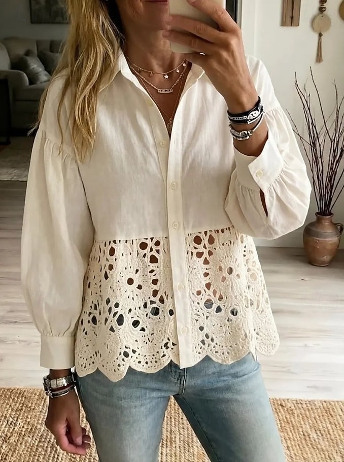 Per donna Camicia Pizzo Elegante Bohemien Vacanza Manica Lunga Top Regolari Casuale Quotidiano Ferie Blu Rosa Beige Estate Primavera del 2026 a $32.99 –P1