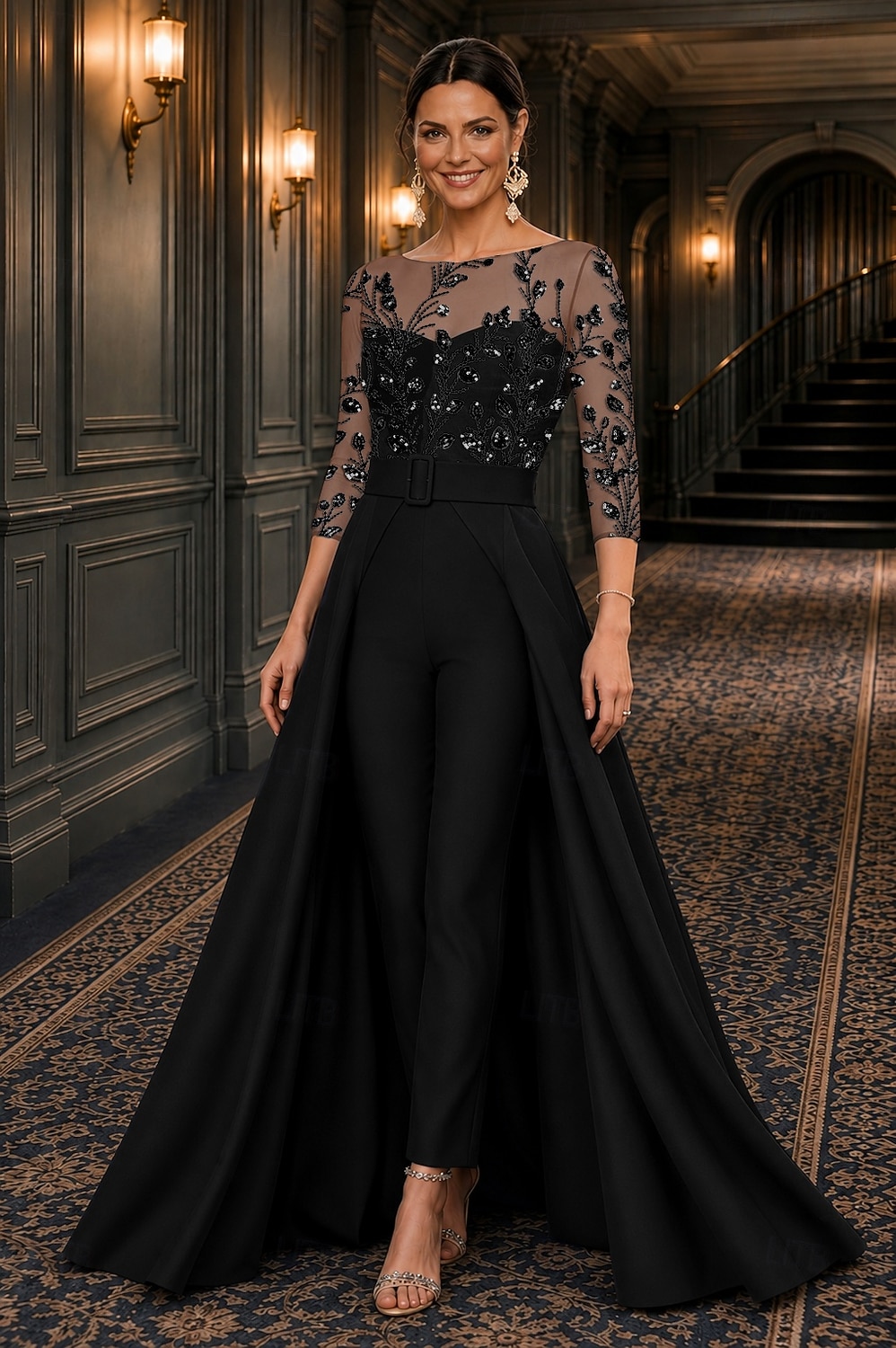 Tuta Completo Pantalone Lunghezza alla caviglia Abito da cerimonia per signora Manica 3/4 Scollo a Barca Elegante Formale Ospite di nozze Semi-Formale Pizzo Crepe Elasticizzato con Perline Paillettes del 2026 a $194.99 –P5
