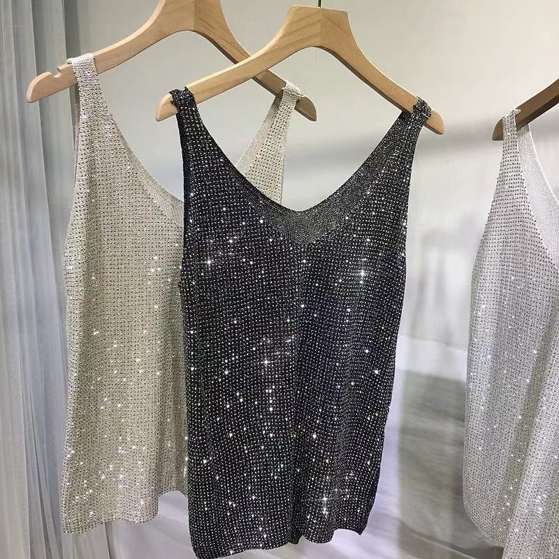 Valentine's Day Women's Camisole Tank Top Knit Rhinestone Fashion Sleeveless Crew Neck Square Neck Scoop Neck Regular Tops Holiday Black White khaki Grey Summer Spring 2026 - $21.99 –P2