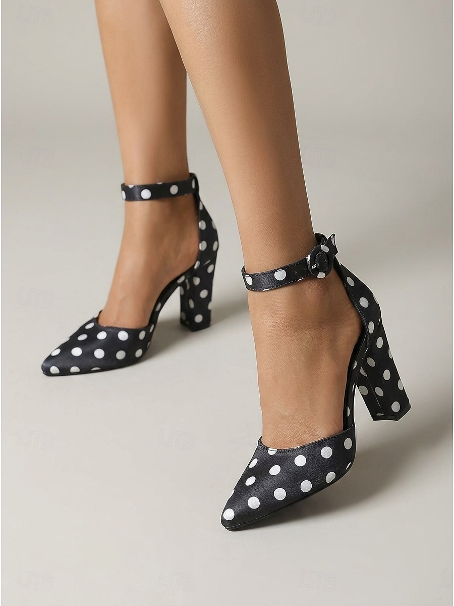 Women's Polka Dot Satin High Heels - Elegant Pointed Toe Block Heel Pumps with Ankle Strap for Daily Office Wear, Retro Parties & Chic Urban Outfits 2026 - $46.99 –P3