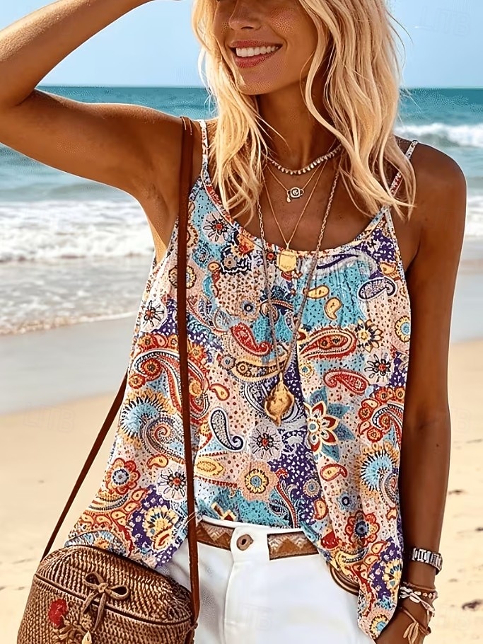 Damen Hemd Bluse Druck Grafik Geometrisch Paisley-Muster Bohemien Vintage Tropisch Ärmellos Träger Normale Oberteile Lässig Täglich Khaki Rote Dunkelgrün Purpur Braun Sommer Frühling 2026 - $21.99 –P10
