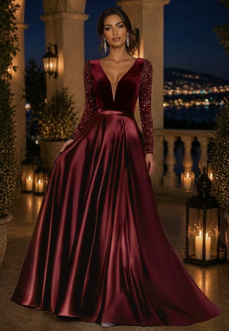 A-Line Floor Length Formal Dresses Mother of the Bride Dress Evening Gown Formal Dress Elegant Glittering Sparkle Long Sleeve V Neck Wedding Formal Satin Sequined with Solid Color 2026 - $182.99 –P1