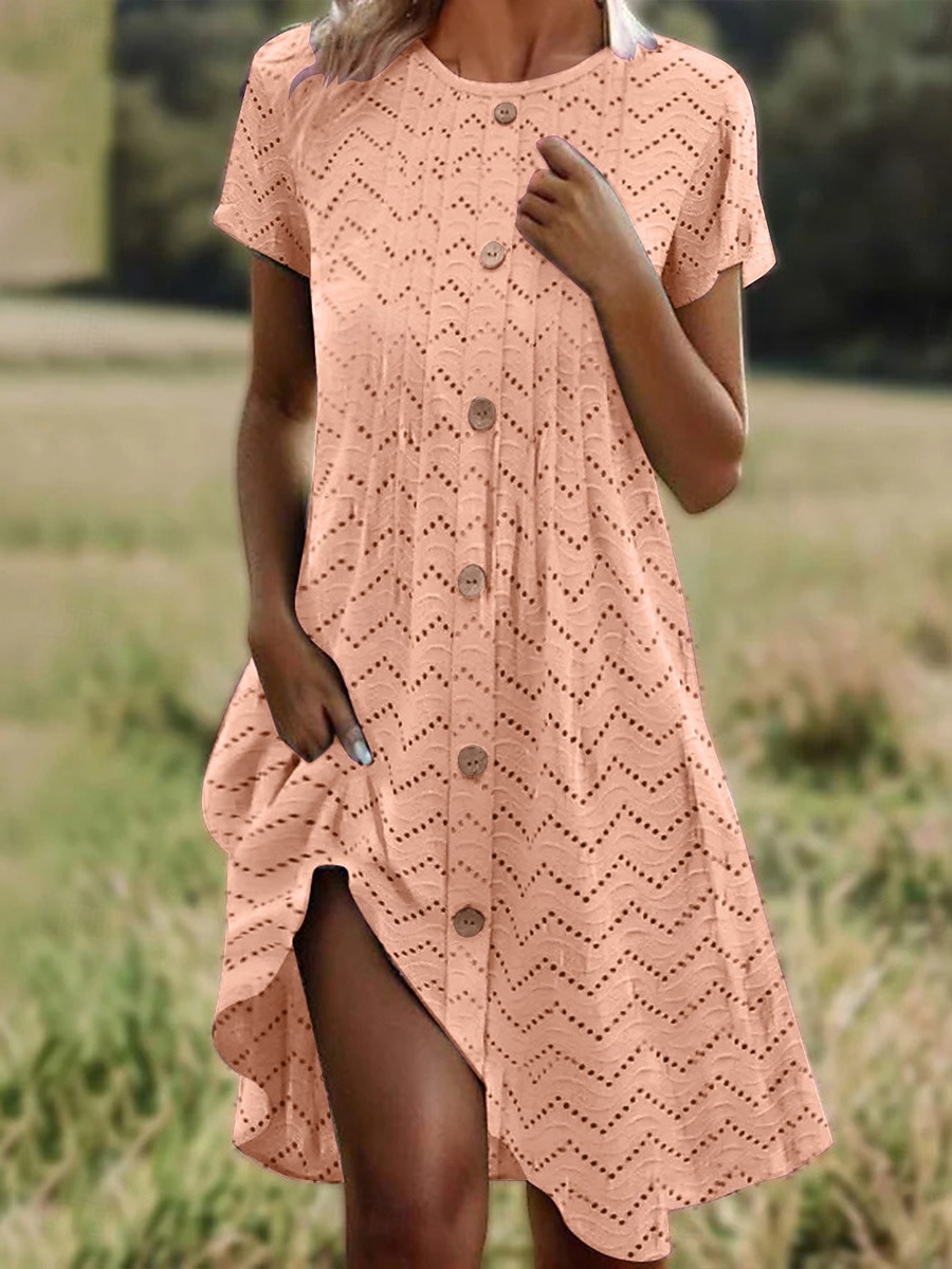 Women's Knee Length Dress Casual Dress Summer Dress Eyelet Dress Fashion Modern Beach Vacation Regular Fit Geometric Short Sleeve Crew Neck Black Yellow Purple Orange Summer Spring 2026 - $26.99 –P1