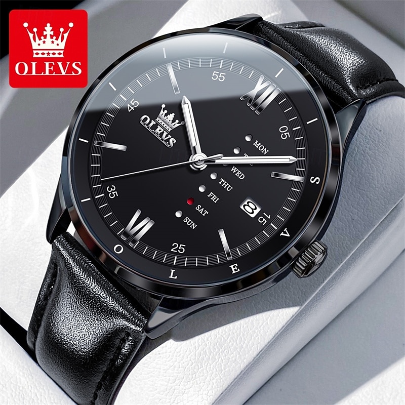 OLEVS Men's Luxury Watch Business Fashion Quartz Wristwatch Waterproof Leather Strap Blue Sunray Dial with Unique Day Date Display Luminous Hands Roman Numerals Dress Watch for Male Gift 2026 - $31.99 –P1