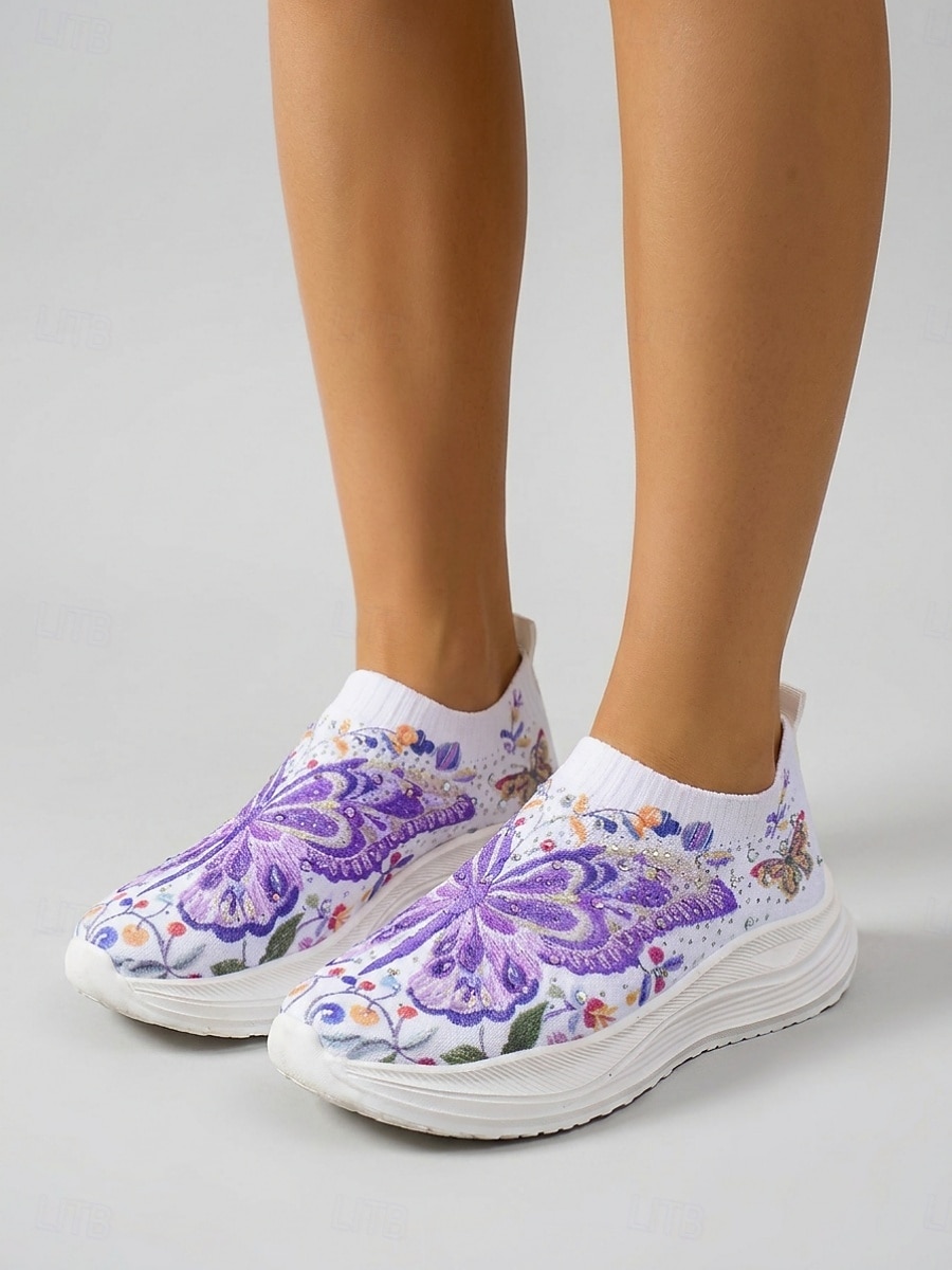 Tênis slip-on feminino roxo vibrante com estampa de borboletas - calçado esportivo leve com plataforma e detalhes em strass. &Tênis casual de malha respirável, ideal para caminhadas leves e passeios de 2026 por $32.99 –P5
