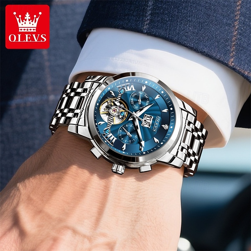 Men's Luxury Automatic Mechanical Watch, Two Tone Stainless Steel, Blue Dial Skeleton Tourbillon Style, Self-Winding Business Wristwatch with Big Date Day 24H Waterproof Luminous Gift for Him 2026 - $96.99 –P19