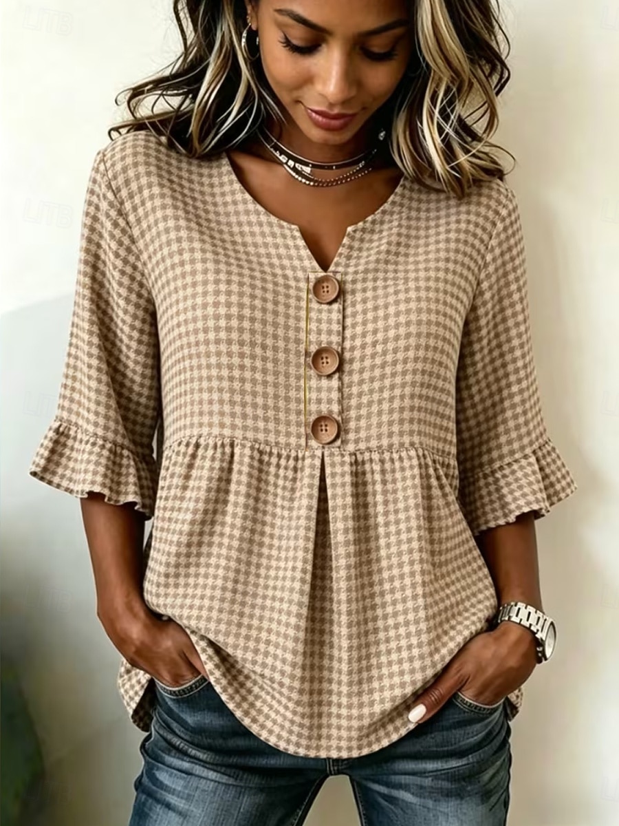 Easter Women's Shirt Graphic Geometric Vintage Stylish Long Sleeve V Neck Crop Tops Casual Daily Holiday Black and gray Light Green Light Brown Summer Spring 2026 - $32.99 –P4