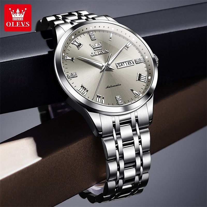 OLEVS Men's Automatic Mechanical Watch, Luxury Stainless Steel Business Dress Watch for Men, Self Winding Wristwatch with Day Date, Waterproof Luminous Diamond Roman Numerals Black Dial Gift Box 2026 - $81.99 –P12