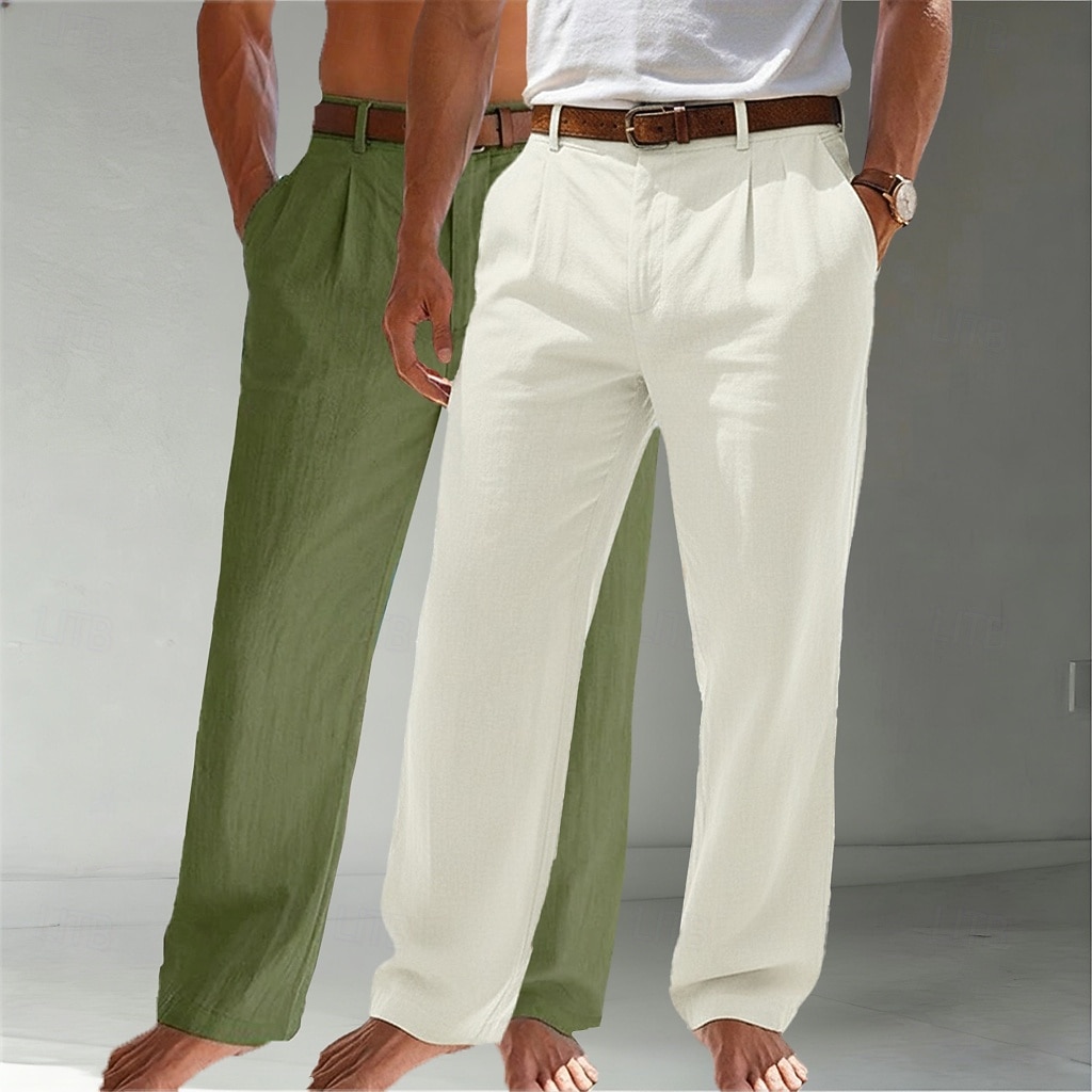 Homens Calças de linho Calças Calça verão Calças largas Calças de praia Bolsos Tecido Conforto Respirável Comprimento total Casual Diário Ao ar livre Moda Negócio Bege + preto Branco+Azul Marinho Sem de 2026 por $45.99 –P10