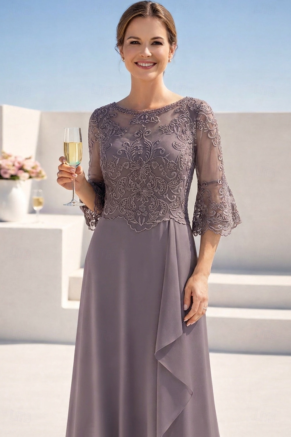 Corte A Hasta el Suelo Vestido Invitada Boda Vestido formal Vestido de noche Vestido de Madrina Manga Larga Cuello Barco Elegante Formal Invitado a la boda Noche formal Gasa con Un Color 2026 - $183.99 –P3