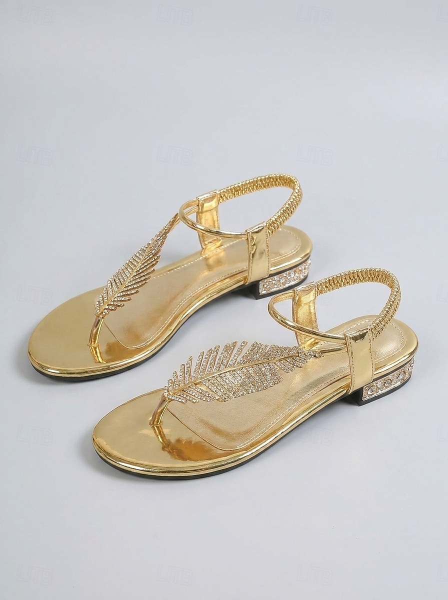 Sandali bassi dorati da donna - scarpe da resort con cinturino a T e strass, perfette per cene in vacanza, feste in spiaggia e serate estive. del 2026 a $26.99 –P4