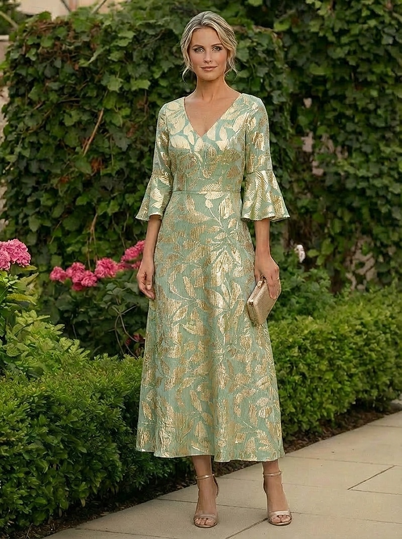 A-Line Ankle Length Tea Length Cocktail Dress Wedding Guest Dress Mother of the Bride Dress 3/4 Length Sleeve V Neck Elegant Formal Semi Formal Jersey with Floral Print Pleats 2026 - $159.99 –P1