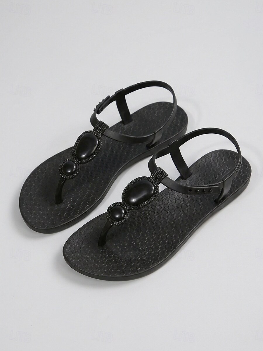 Women's Black Beach Sandals - Waterproof EVA T-Strap Flip Flops with ...