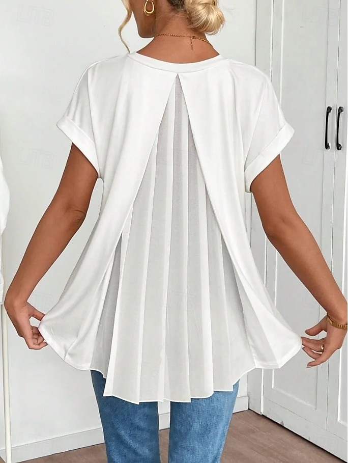 Women's Shirt Boho Shirt Pleated Elegant Vacation Daily Short Sleeve V Neck Long Tops Casual Daily Going out Black White Pink Sky Blue Green Summer Spring 2026 - $26.99 –P1