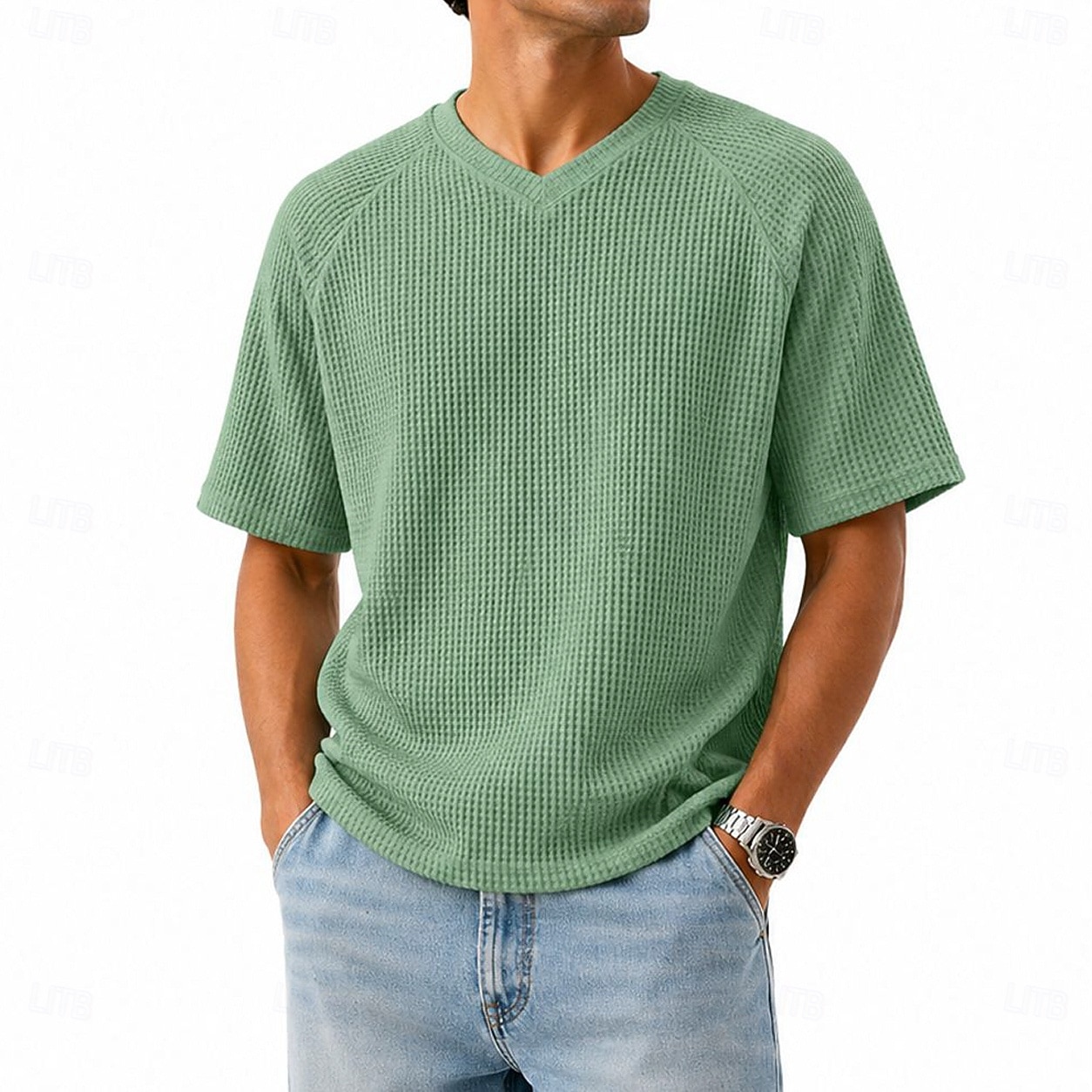 Men's Waffle T-shirt T Shirt Tee Top Short Sleeve V Neck Summer Spring All Seasons Solid Color Streetwear Stylish Casual Tassel Fringe Patchwork Casual Daily Outdoor Light Blue Light Green Top Tee 2026 - $47.99 –P4