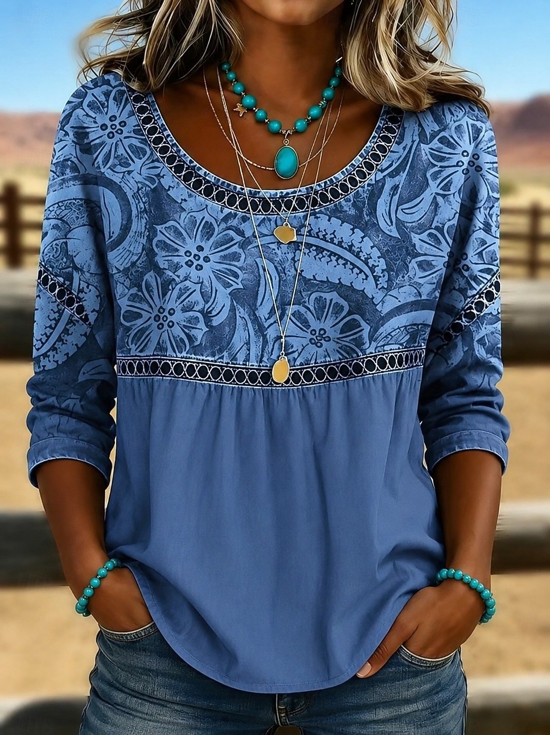 Dames Overhemd Oogje top Normaal shirt Lapwerk Knop Afdrukken Elegant Bohemen Vakantie Lange mouw Strakke ronde hals Normale tops Casual blauw Lichtgroen Rood Groen Zomer Lente Herfst Winter 2026 - $26.99 –P2