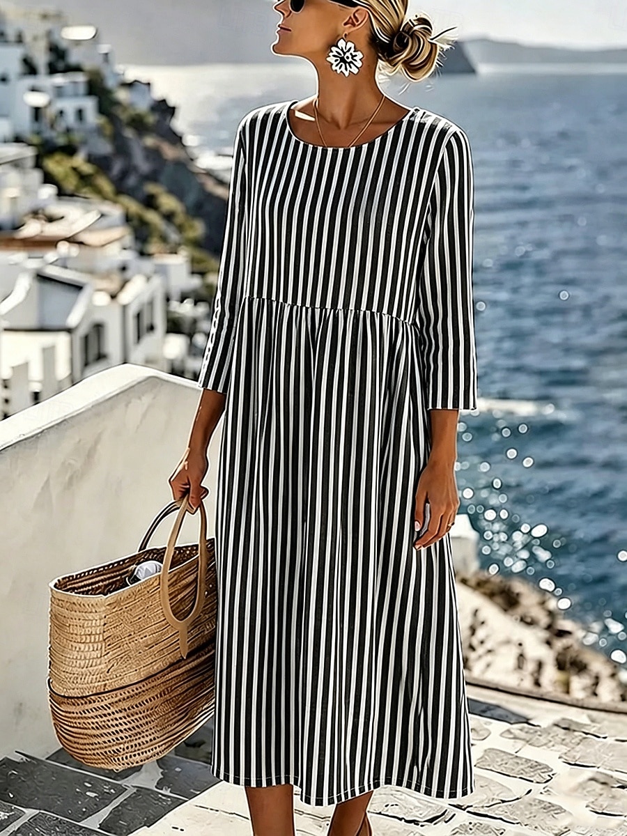 Per donna Abito Midi Abito a Tubino Vestito Estivo Vacanza Casual Spiaggia Uscire Vestibilità regolare Grafico Geometrico A righe Manica 3/4 Girocollo Blu Rosso Verde Grigio Estate Primavera del 2026 a $34.99 –P2
