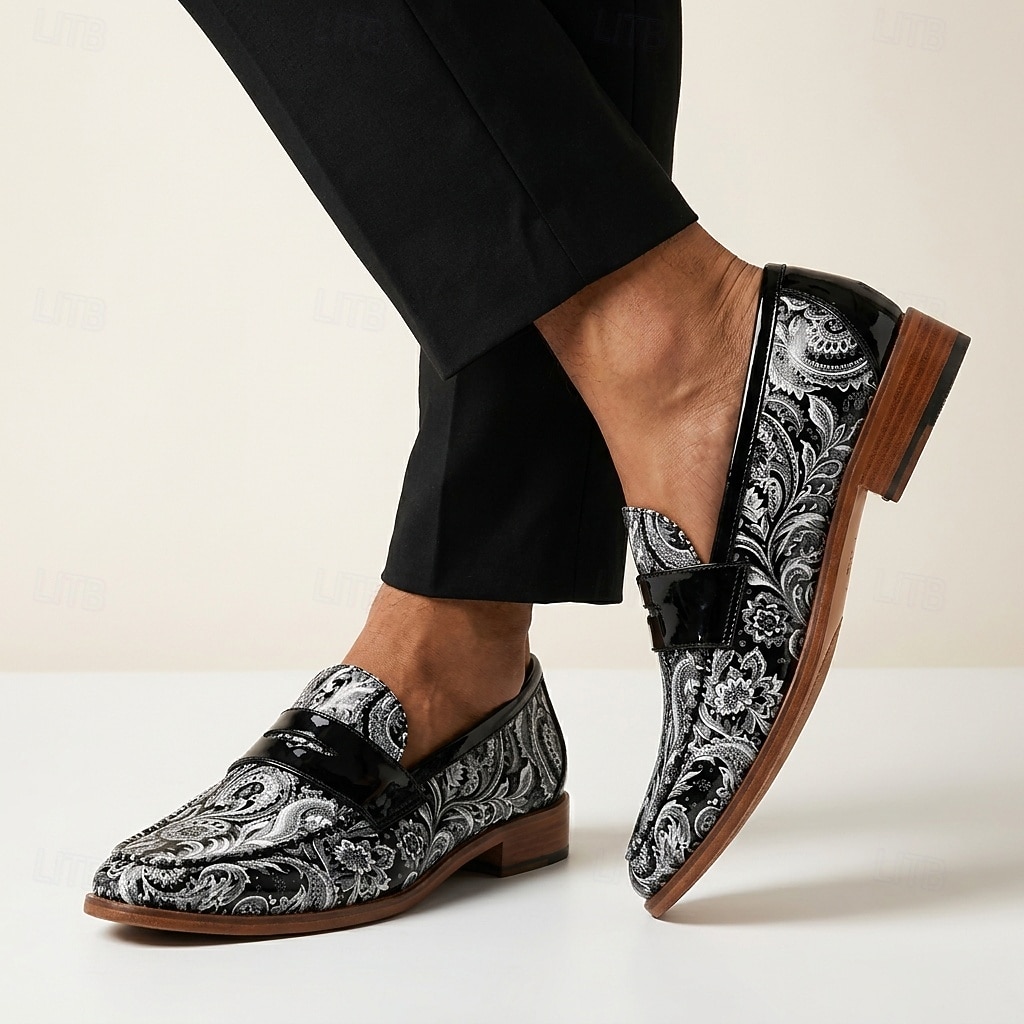 mocassini da uomo neri con stampa paisley, scarpe eleganti slip-on di tendenza con cinturino lucido, calzature da gentiluomo per matrimoni, banchetti, feste e occasioni speciali. del 2026 a $46.99 –P3