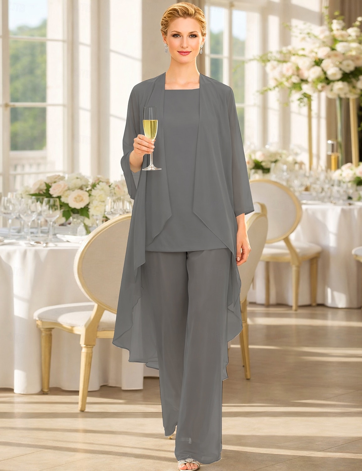 Traje de pantalón Traje de 3 piezas Hasta el Suelo Vestido de Madrina Sin Mangas Barco de cuello Elegante Talla Grande Bolero incluido Invitado a la boda Gasa Vestidos de chaqueta con Un Color 2026 - $137.99 –P15