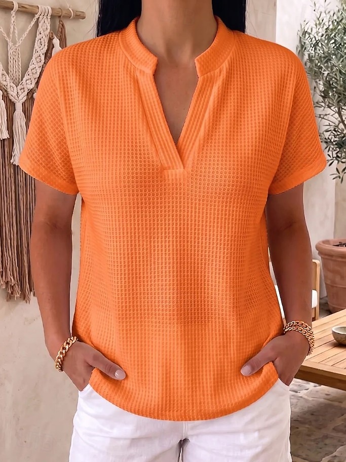 Dam Våffelskjorta Ensfärgat Elegant Aktiv Semester Ärmlös Halvlång ärm V-hals Vanliga toppar Ledigt Dagligen Utomhus Blå Vit Orange Sommar Vår Höst 2026 - $28.99 –P5