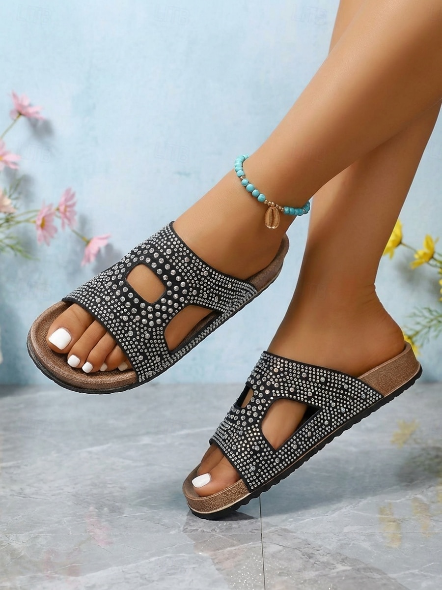 Women's Rhinestone Comfortable Slide Sandals, Casual Black Slides for Country Leisure & Beach Relaxation 2026 - $24.99 –P4