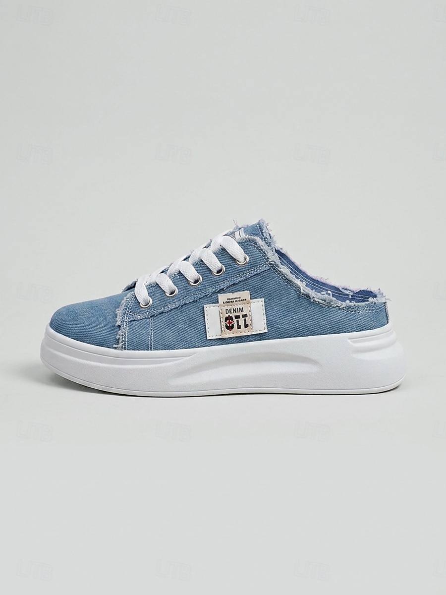 Mules compensées en denim bleu pour femme - chaussures à lacets à bords effilochés et semelle blanche, confortables et décontractées, idéales pour les voyages d'été et la marche. &vêtements de tous de 2026 ? $32.99 –P5