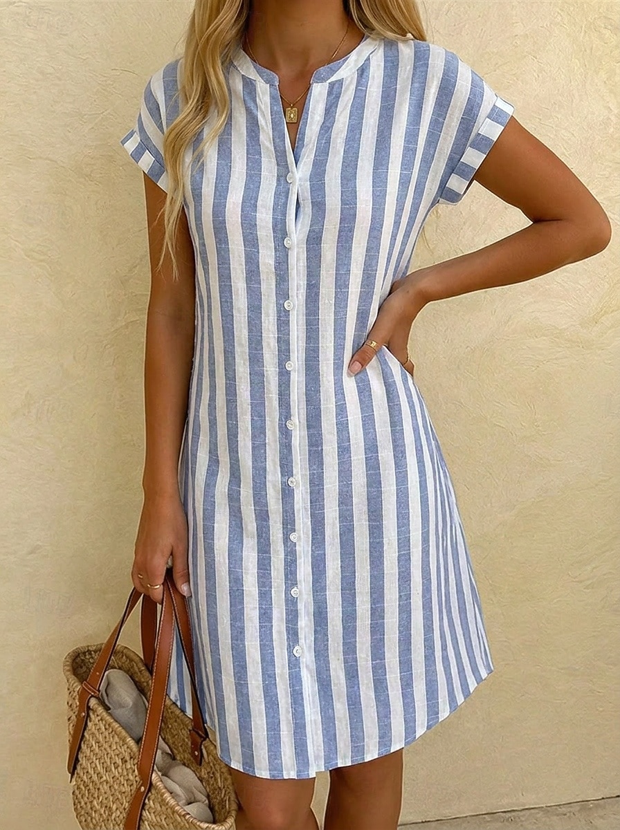 Mujer Vestido hasta la Rodilla Vestido de Camisa Vestido informal Vestido a rayas Elegante Moda Diario Vacaciones Ajuste regular A Rayas Manga Corta Collar mandarín Rojo Azul Marino Gris Azul claro 2026 - $22.99 –P1