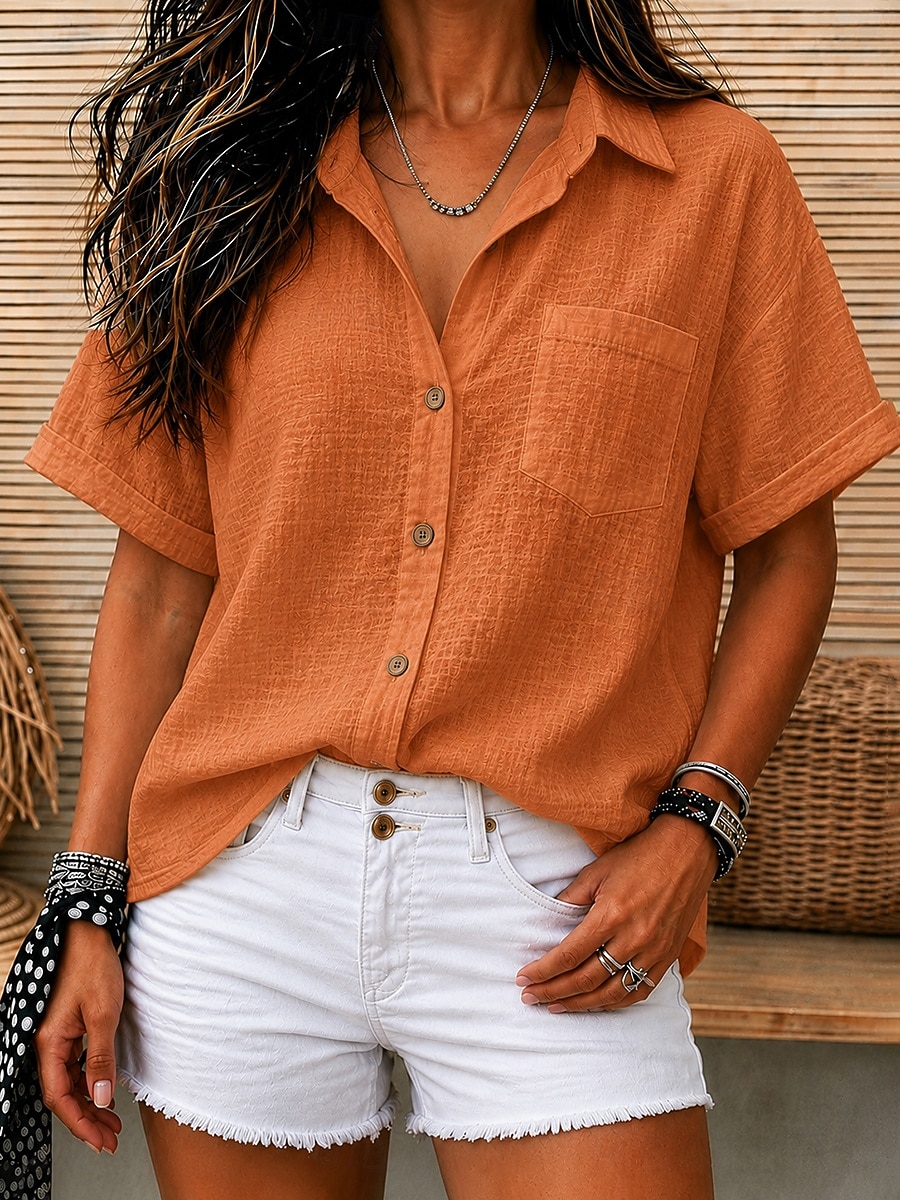 Women's Vintage Sand Wash 100% Cotton Texture Pocket Solid Color Plain Short Sleeve Regular Tops Casual White Orange Light Blue Summer 2026 - $33.99 –P4