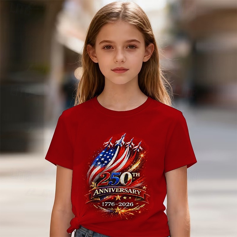 Cotton American Independence Day Kids Girls' Black Red Printed T shirt Blouse Crew Neck Short Sleeve Casual Daily Outdoor Casual Graphic Summer 2026 - $13.49 –P7
