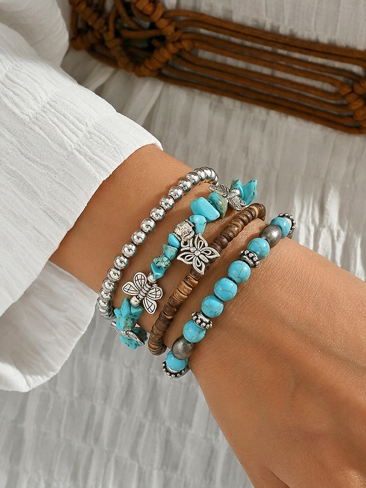 Dámská sada náramků v boho stylu s tyrkysovou barvou - vícevrstvé korálkové stohovatelné náramky s přívěskem motýl &slitinové doplňky pro letní dovolenou na pláži, každodenní nošení &dárek z hippie 2026 - $11.99 –P2