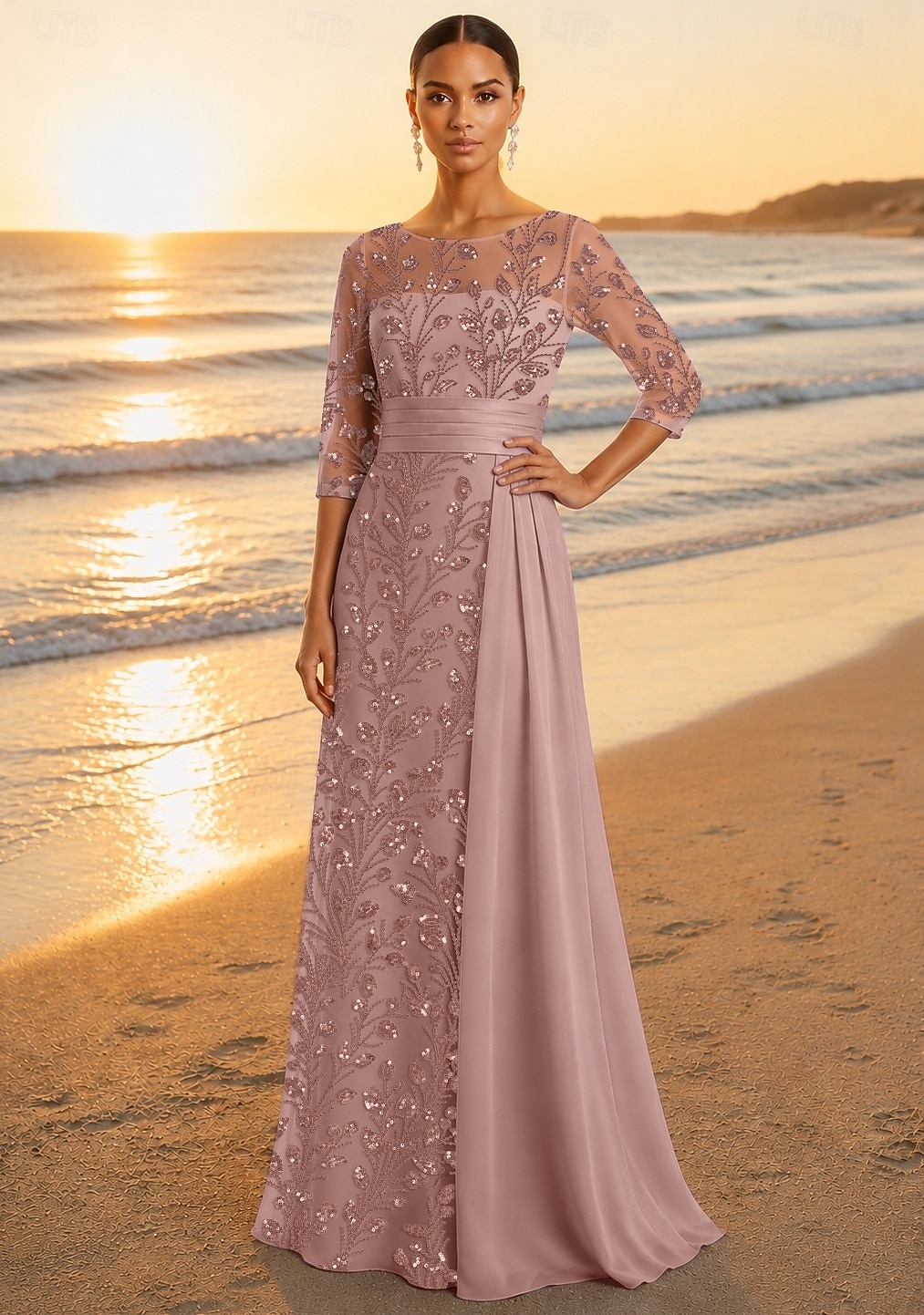 A-Linie Bodenlang Ballkleid mit Cape Abendkleid Elegant Glitzernd Glitzern Langarm Rundhalsausschnitt Abschlussball Hochzeit Satin Tüll mit Glitzer Paillette Perlenbestickt 2026 - $182.99 –P4