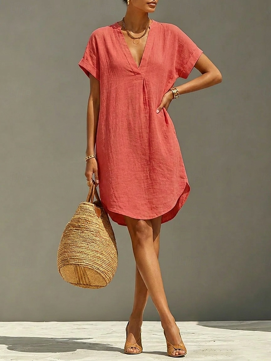 Per donna Abito al ginocchio Abiti di lino Vintage Quotidiano Taglia piccola Semplice Manica Corta Scollo a V Cachi Rosso Arancione Estate del 2026 a $29.99 –P8