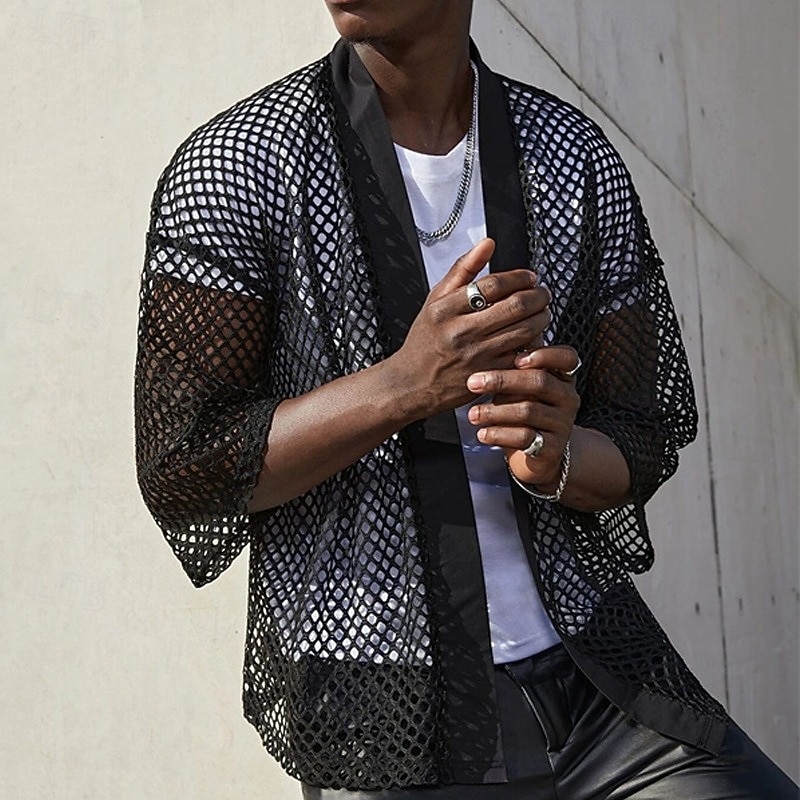 Hombre Camisa Camisa casual Camisa Jacquard Negro Manga Larga Plano Sin Cuello Casual Diario Malla Ropa Elegante Moda Moderno Casual 2026 - $28.99 –P3