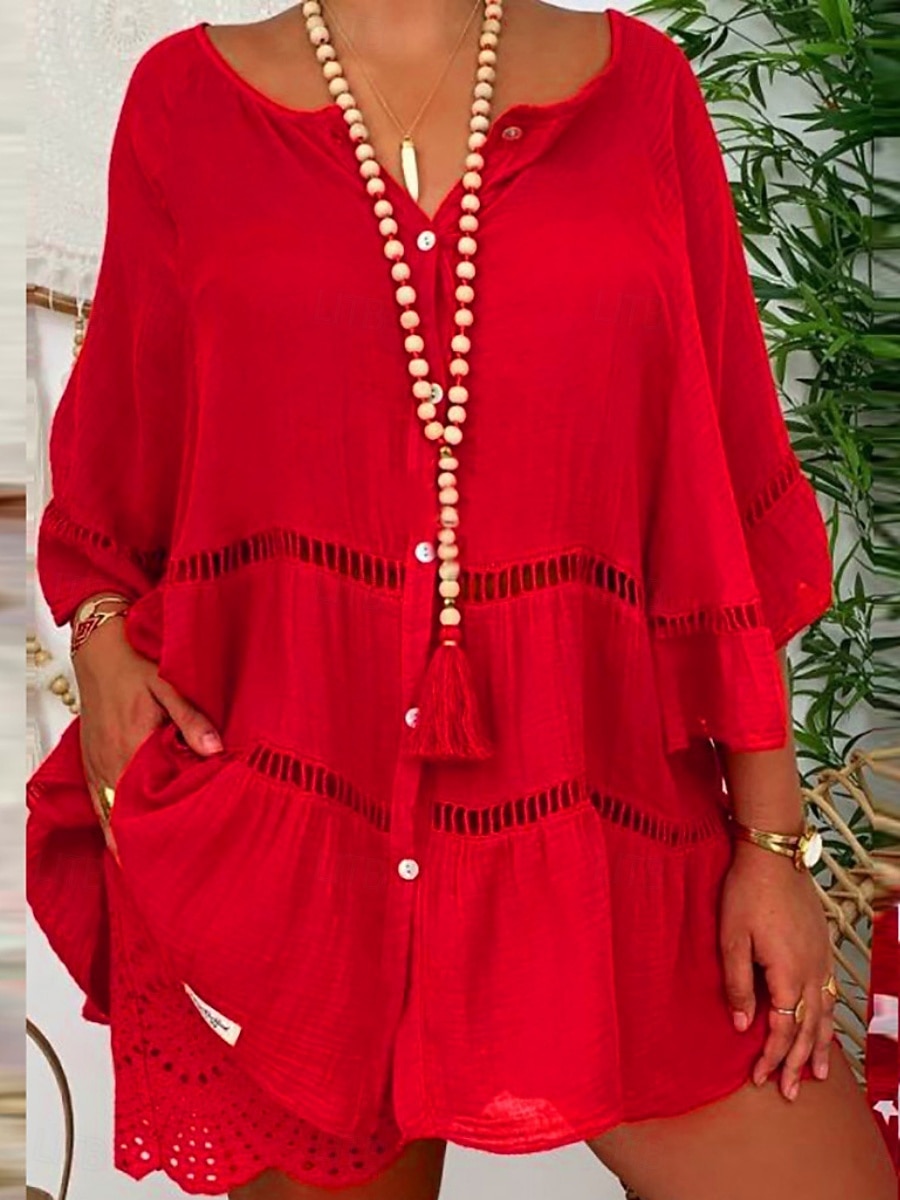 Mulheres Blusa Renda Côr Sólida à moda Básico Casual Manga Longa Decote V Tops regulares Casual Diário Praia Branco Amarelo Vermelho Marron Verão Primavera Outono de 2026 por $29.99 –P1