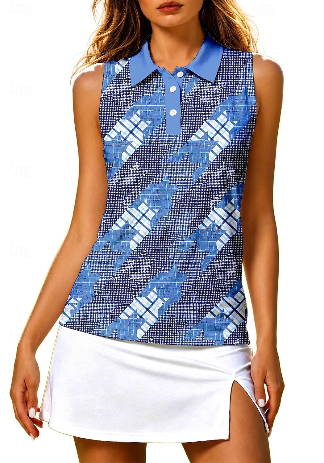 Women's Tennis Polo Shirt Pickleball Golf Sleeveless Top Breathable Stretch UPF50+ Summer Outdoor Athletic Shirt Blue Plaid Print Collared Golf Tank Top 2026 - $17.99 –P4