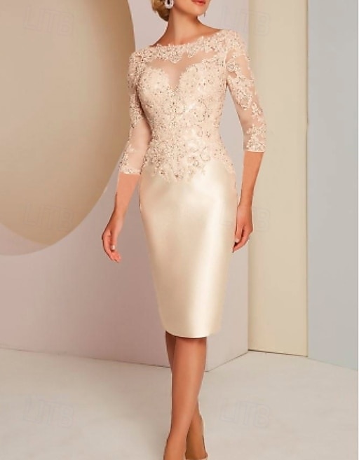 Coloană Teacă Lungime Genunchi Rochie de petrecere Rochie de Cocktail Rochie pentru invitata de nunta Rochie Mama Miresei Lungime Manșon 3/4 Bijuterie Elegant Invitat la nunta Charmeuse cu Aplică 2026 - $172.99 –P6